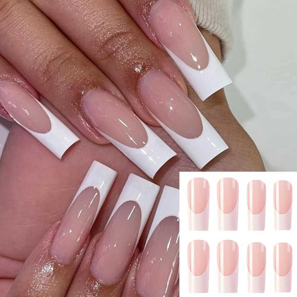 24pcs Extra Long False Nails French Patterns Press On Nails White Line Square Artificial Nail Tips Manicure Shiny Fake NailsXJ241025