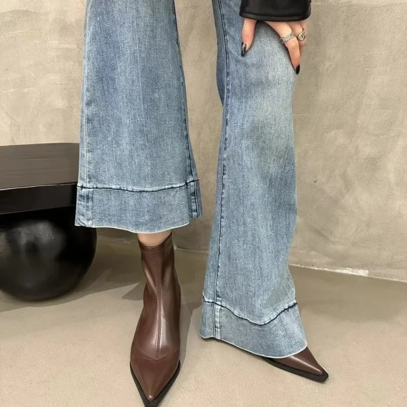 High Quality Ankle Autumn Style Modern Boots Elegant Solid Slip on Womens Sexy Point Middle Heel Street Punk Shoes 241024