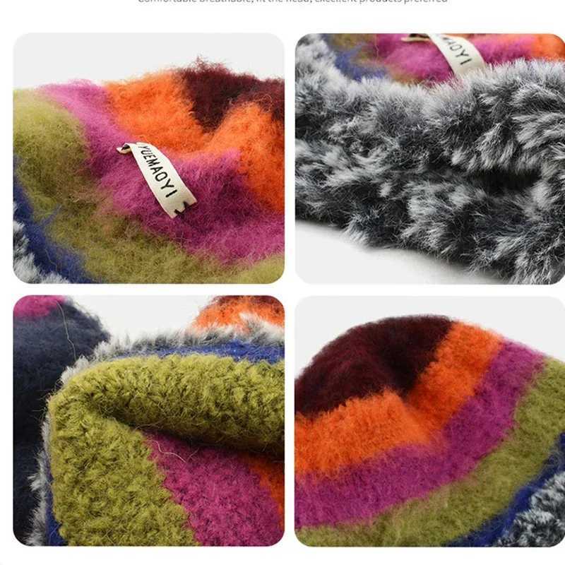 Japanese New Gradient Wool Rainbow Color Stripe Beanies Women Handmade Crochet Beanie Thick Warm Knitted Hat Winter Bucket HatX241025
