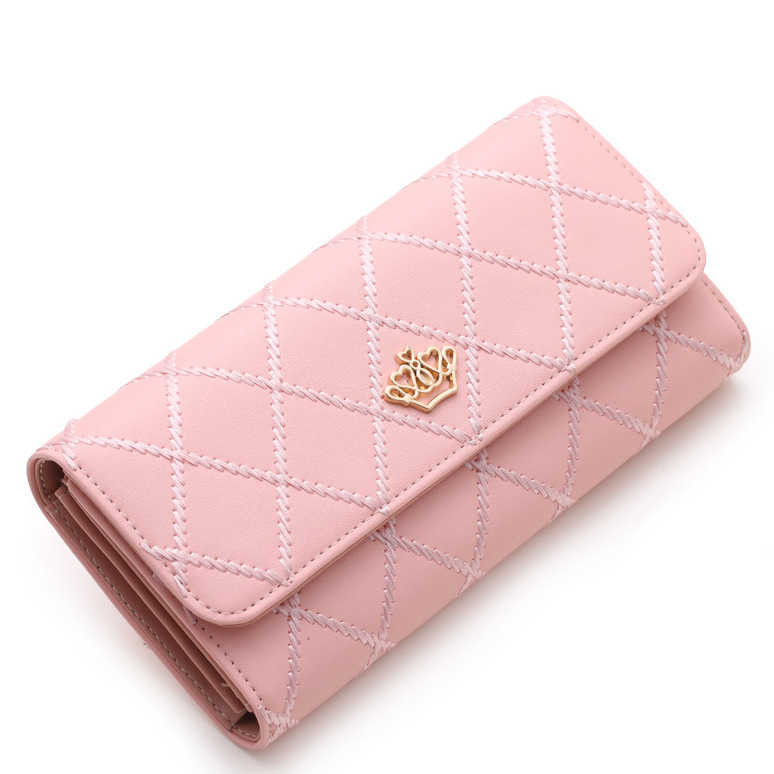 CMM New Womens Wallet Long Multifunctional Diamond Grid Crown Embroidered Three Fold Wallet for Women Large Capacity Mobile Phone Bag