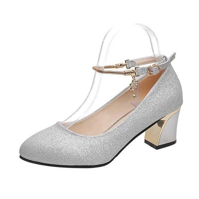 High Quality Womens Wedding High Heels Sier Blue Spring Ankle with Crystal Shallow Block High Heel Pump Women Plus Size T241024