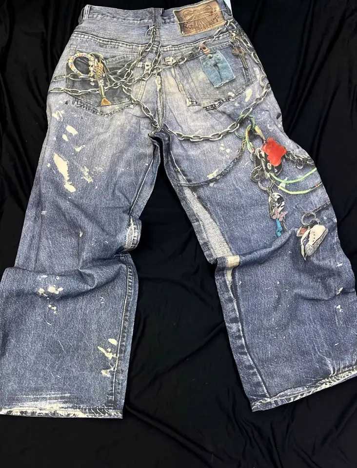 Men's Jeans Y2K Mens Retro Street Printing Digital Crop Printing Jeans Mens Loose Straight Personalized Fashion Mop Wide Legs Trousers Q241024