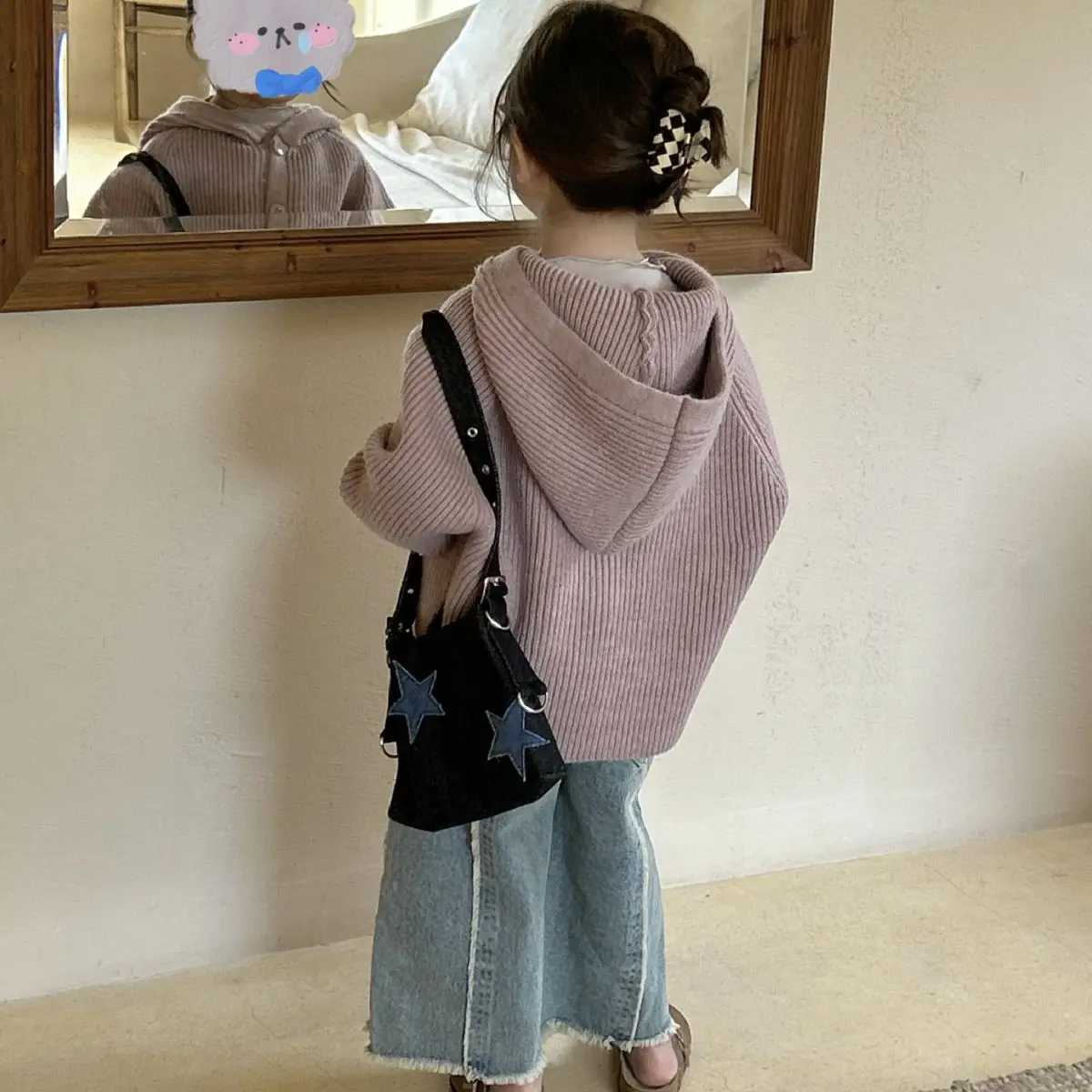 Purple sweater autumn new childrens clothing Korean girls solid color hooded sweatshirt cape style simple open seam 2024 stripes W241025