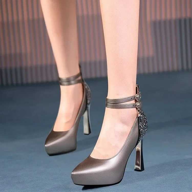 High Quality Rhine Diamd Single Shoes Spring New Black Leather Shoes Waterproof Platform High Heels 10cm Large Womens Shoes 34-43 T241024