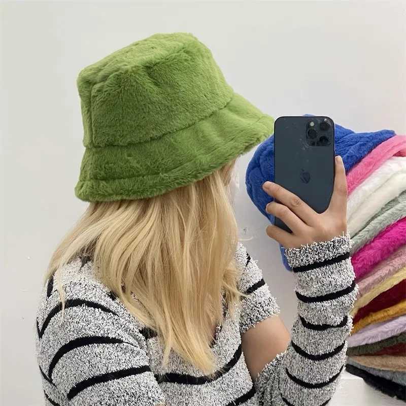 Soft Faux Rabbit Fur Bucket Hat Solid Thicken Autumn Winter Warm Plush Panama Casual Hats for Women Ladies Fisherman Caps BonnetX241025