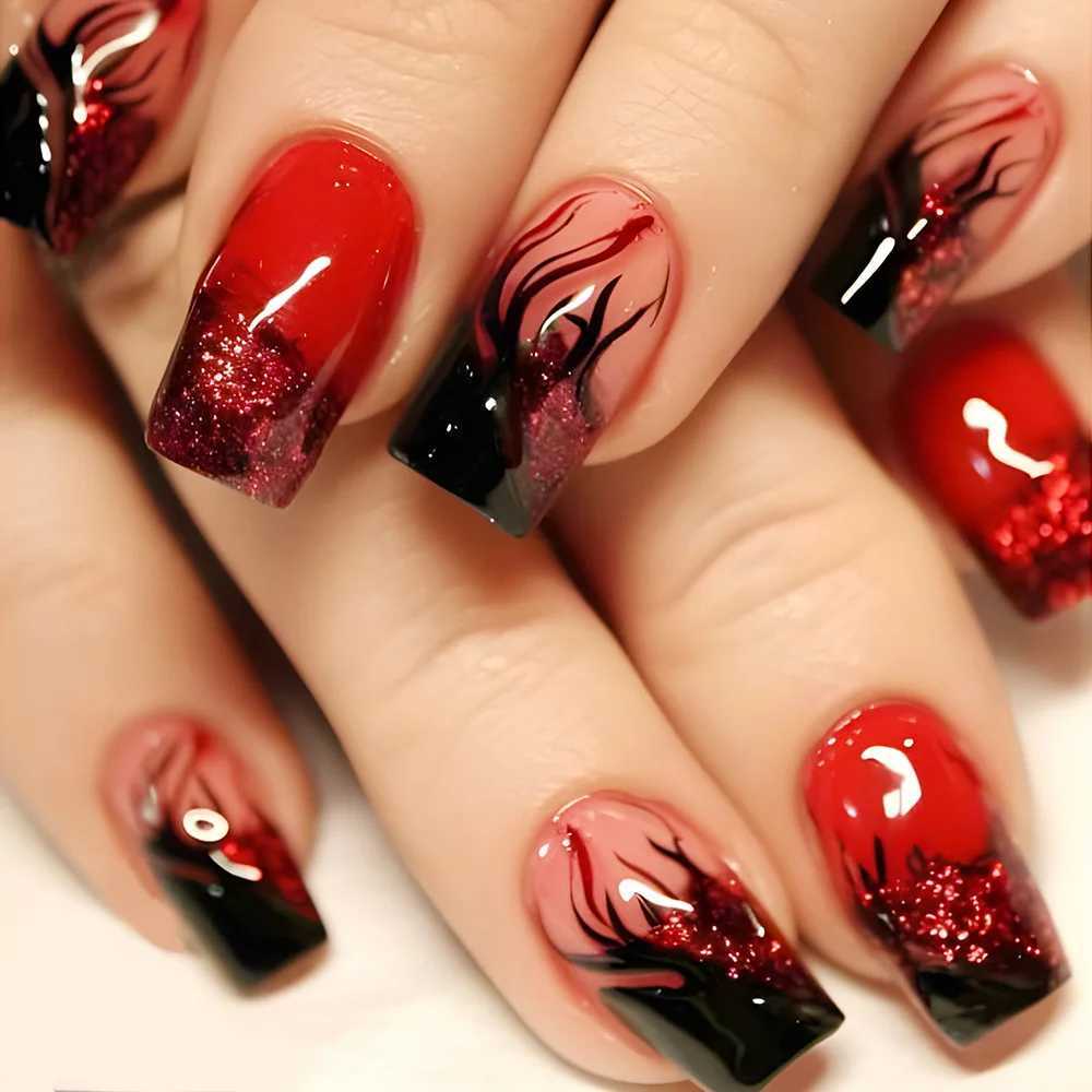 24Pcs French Black Red Color Mix Long Ballet Fake Nails Openwork Floral Pattern Wearable Acrylic Nails False Press on Nail TipsXJ250110