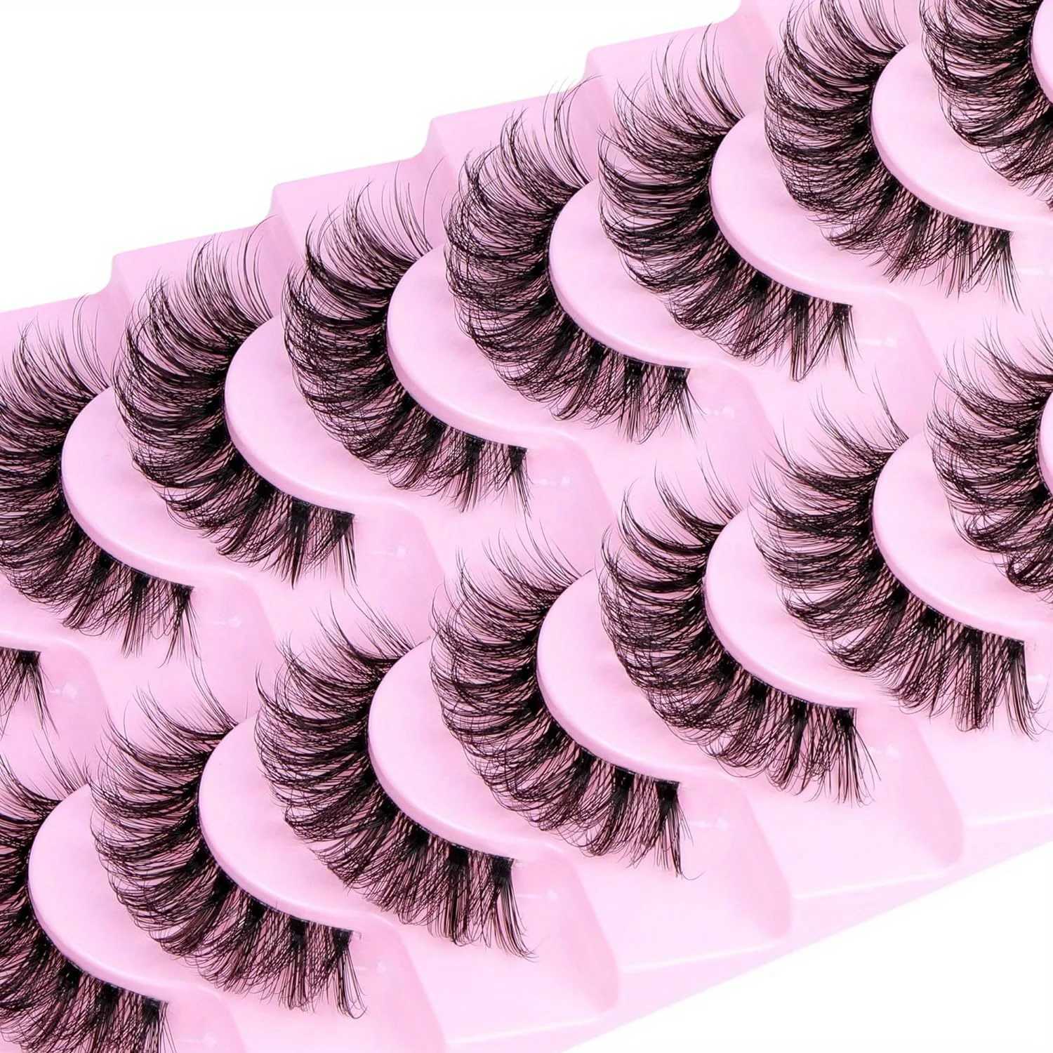 10 pairs of natural fluffy D-curled 3D Wispy false eyelashes with transparent tape - soft lightweight and reusable eyelashesW241024