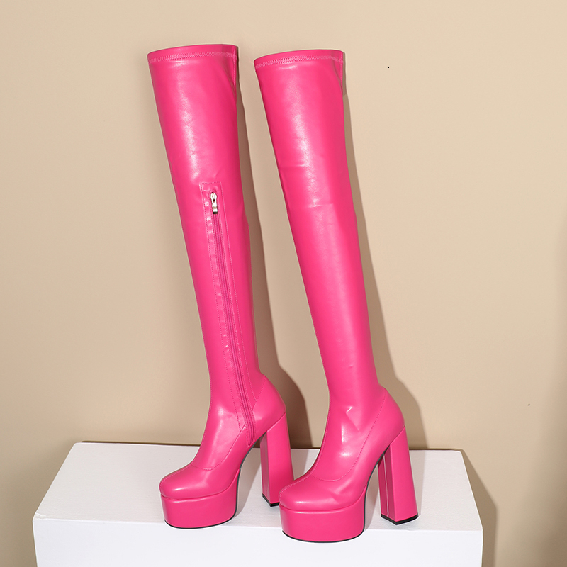 Square Head Platform Super Thick Heel High Quality Elastic Simple Side Zipper Slip On Women's Over The Knee Boots 241110