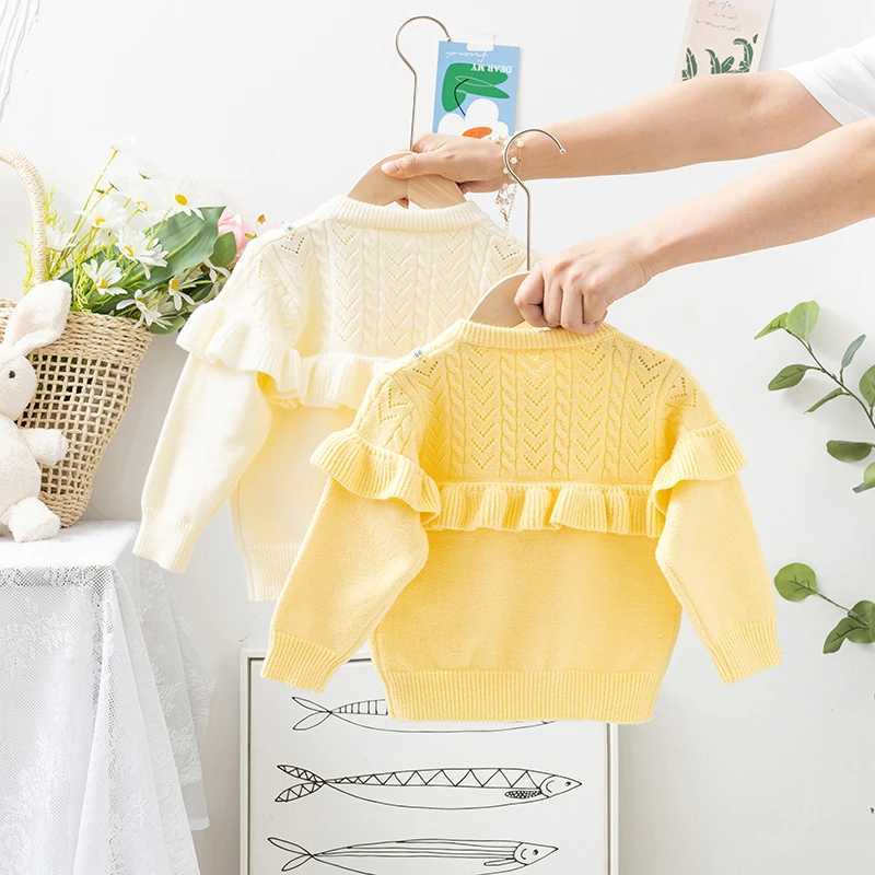 Pudcoco childrens autumn knitted cardigan wool sweater solid color pleated long sleeved crew collar button down sweater 1-5T W241025