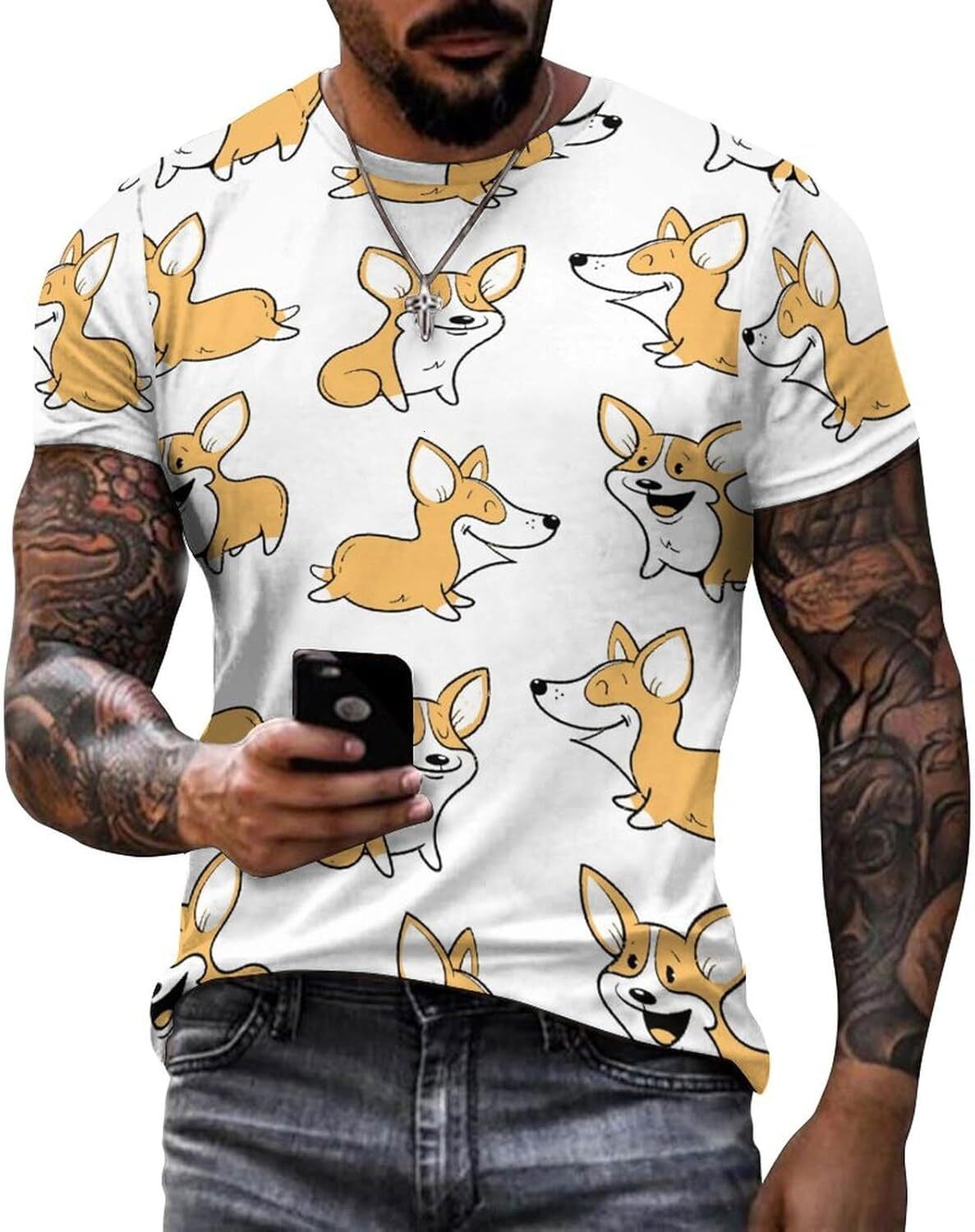 Mens T shirt Cute Little Corgi Puppy Pattern Cotton T-Shirt 3D Printed Casual Shirt Men's Crew Neck T-Shirt tee Casual tops summer All-in-one fas