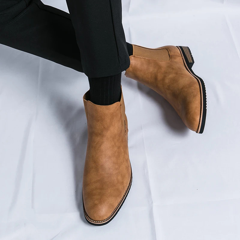 Mens Chelsea boots mens fashion high heels short toe Chelsea high heels leather shoes 241024