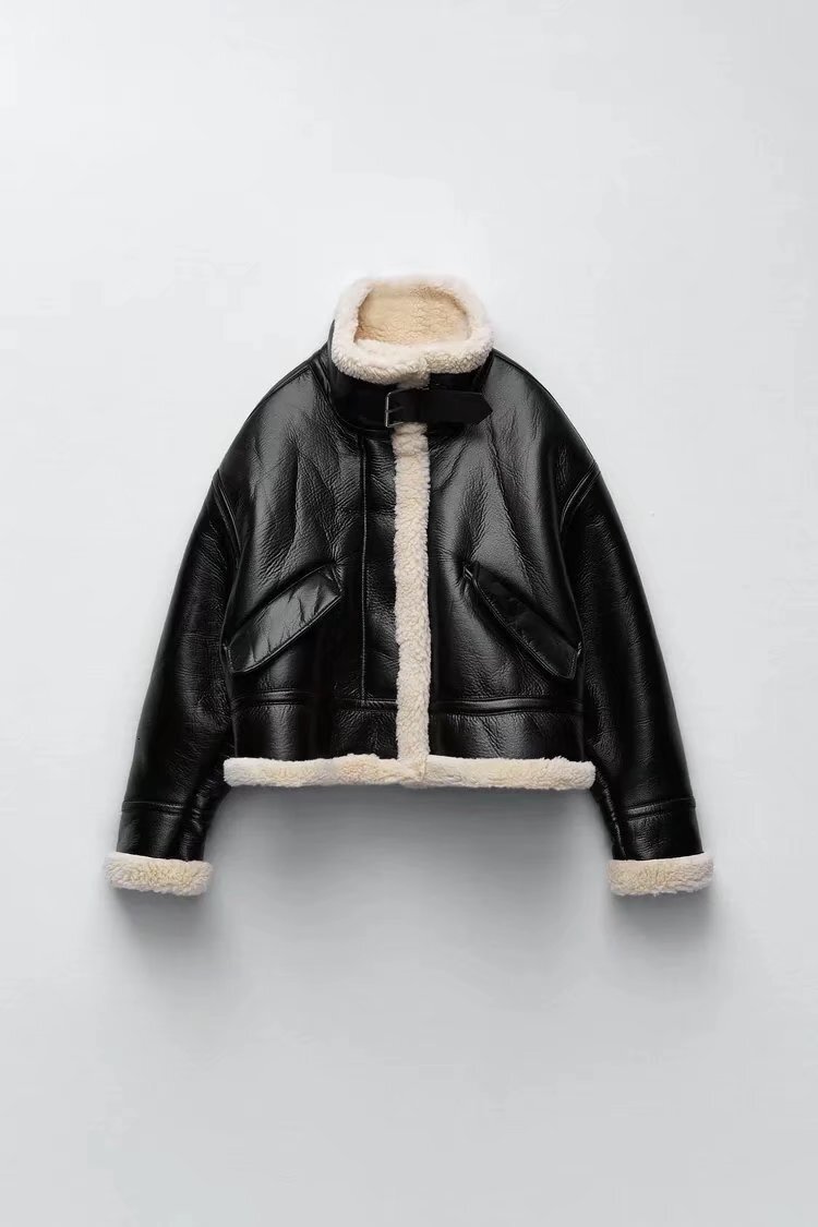 CNACNOO Women Fashion Thick Warm Faux Leather Shearg Jacket Coat Vintage Long Sleeve Flap Pocket Female Outerwear Chic Tops