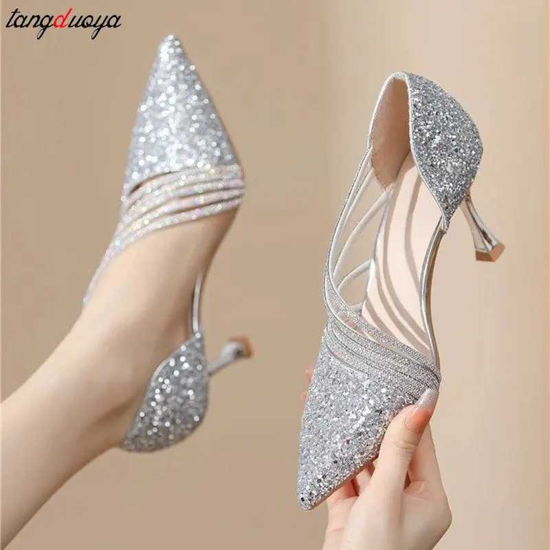 High Quality Sexy Pointed Toe Pumps Womens Luxury Shiny Crystal High Heels Elegant Slim High Heels Sier Wedding Party Shoes Womens Dress Shoes T241024