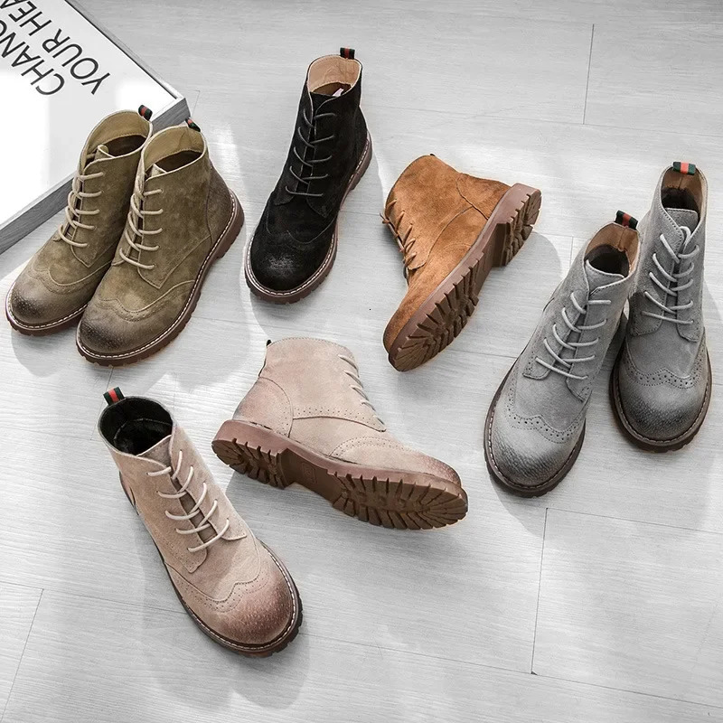 Matte leather womens shoes genuine leather womens short boots suede ankle boots British lace retro trend womens nude boots 241024