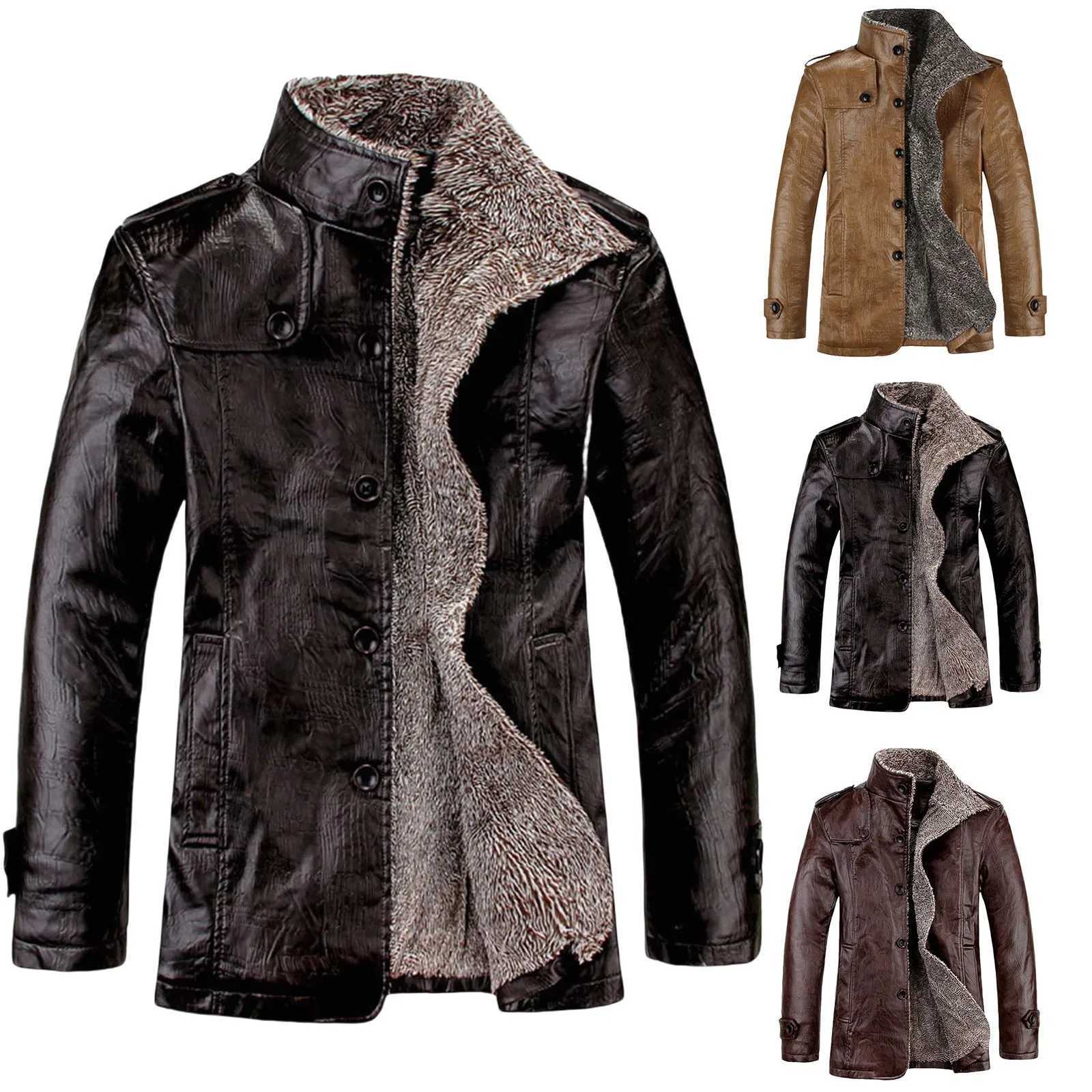 Mens thick plush lined leather jacket waterproof retro Parka jacket single chest oversized Lambswool lined jacket winter W241024