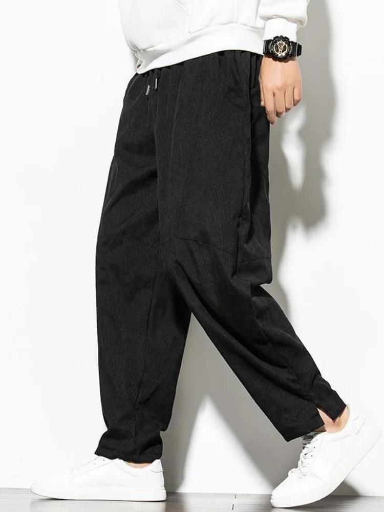 Vintage Corduroy Casual Pants Men Baggy Wide Leg Tech Fleece Sweatpants Autumn Winter AnkleLength Walking Harem Trousers Male 241021