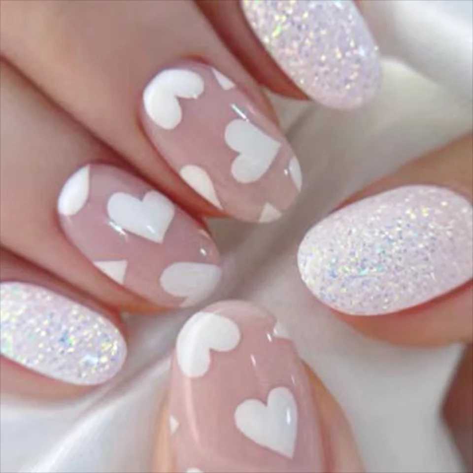 24Pc Short Oval Milky White Small Heart Glitter Powder Full Coverage Wearable Girls Women Nail Art Fake Nails SetXJ241025