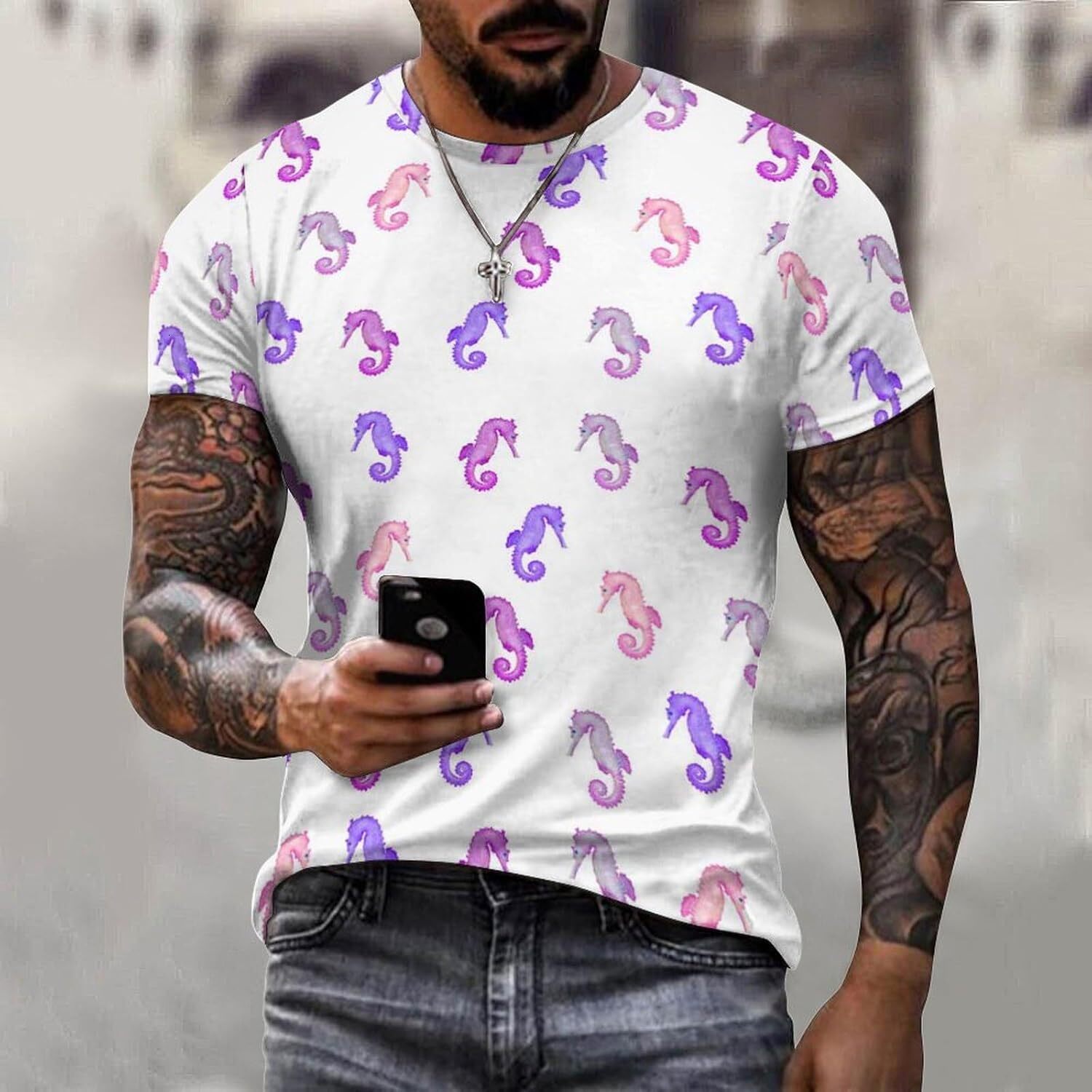Mens T shirt Seahorse Pattern Cotton T-Shirt 3D Printed Casual Shirt Men's All-in-one fashion Crew Neck T-Shirt tee Casual tops summer clothes