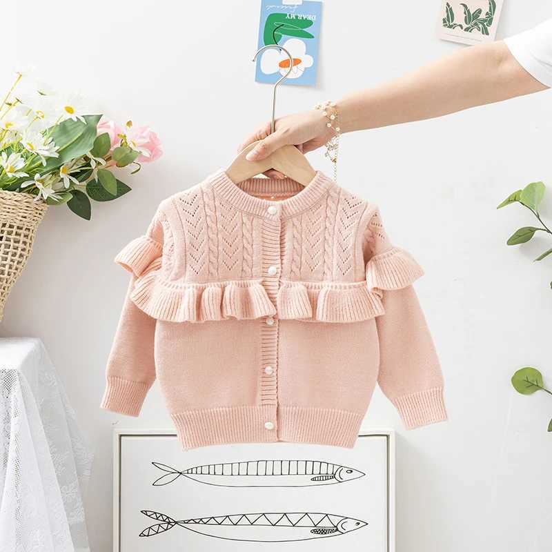 Pudcoco childrens autumn knitted cardigan wool sweater solid color pleated long sleeved crew collar button down sweater 1-5T W241025