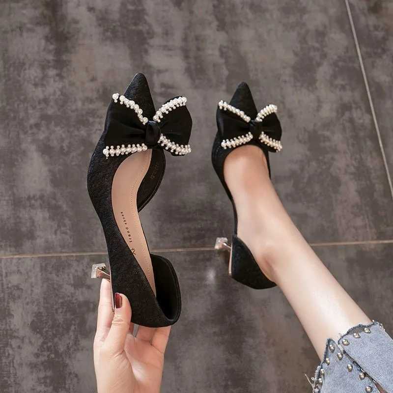 High Quality Womens High Heels Spring/Summer New Hollow Girl Dot Pearl Bow Stiletto High Heels Party Single Shoes Womens Pump Sandals T241024