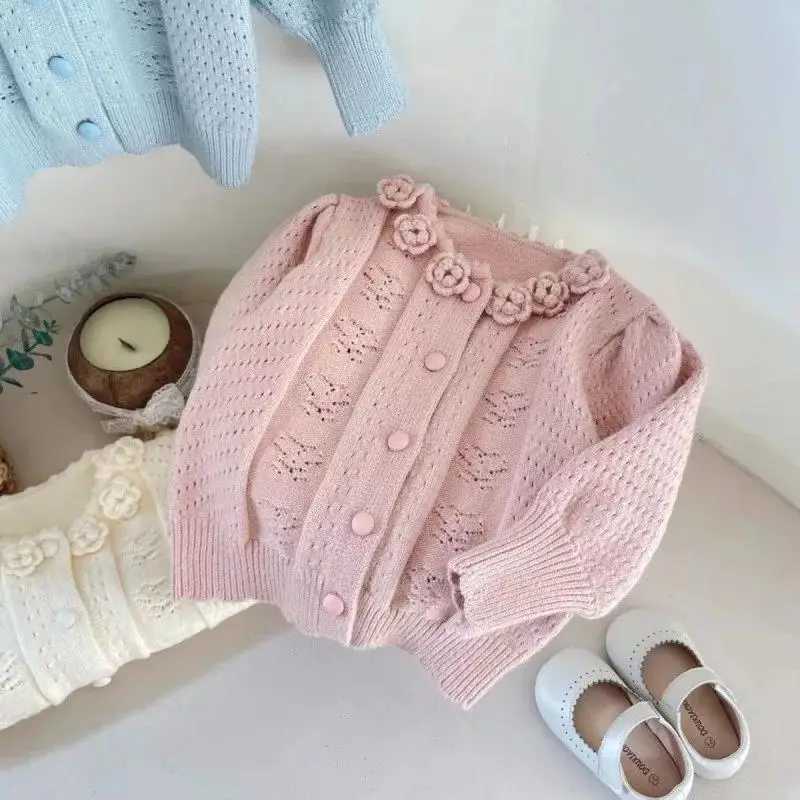 Girls chic cut style sweater jacket floral collar spring knit autumn and winter long sleeved cardigan new 2024 W241025