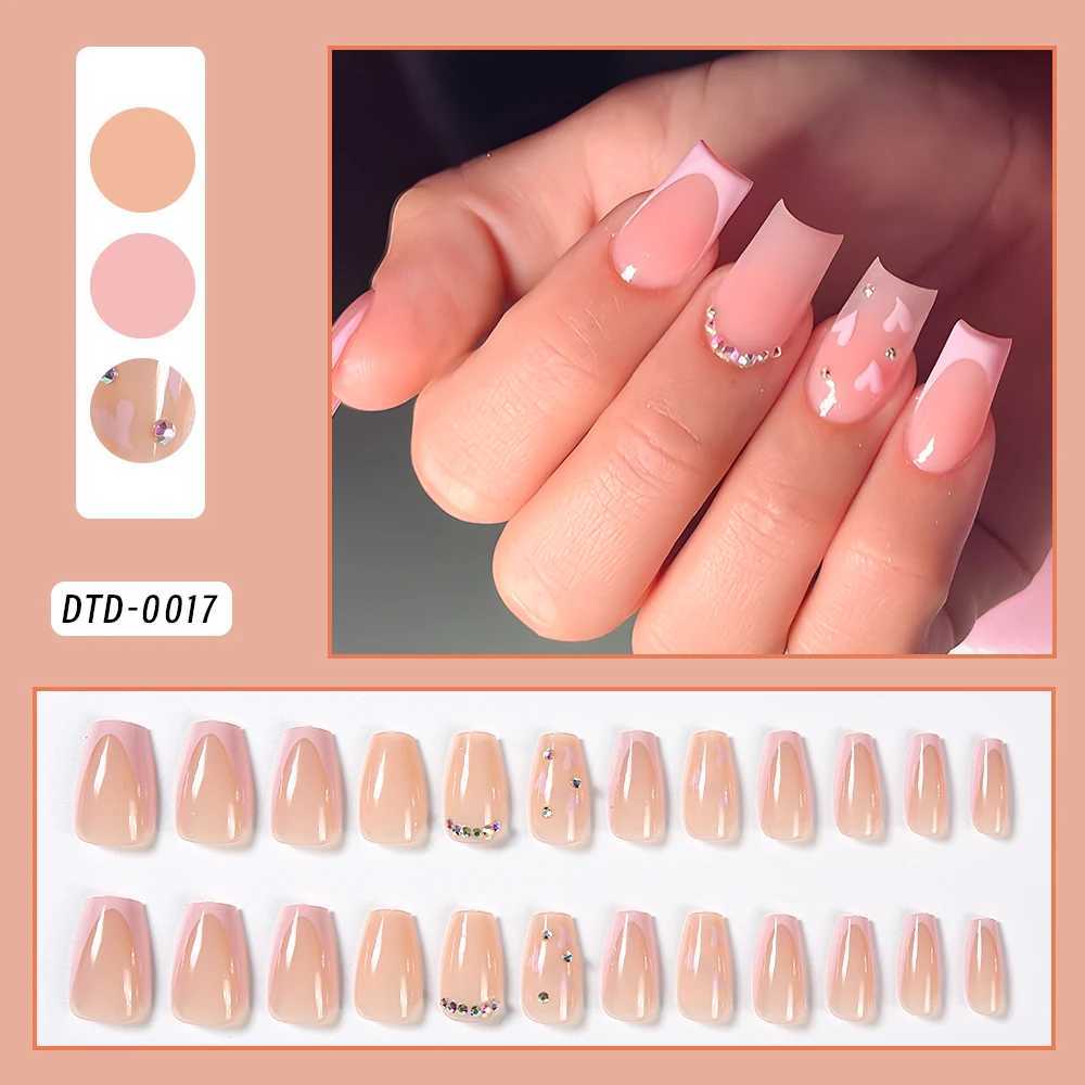 24pcs Short Square Head False Nails French Wearable Fake Nail Tips with Love Heart Designs Full Cover Acrylic Press On NailsXJ241025
