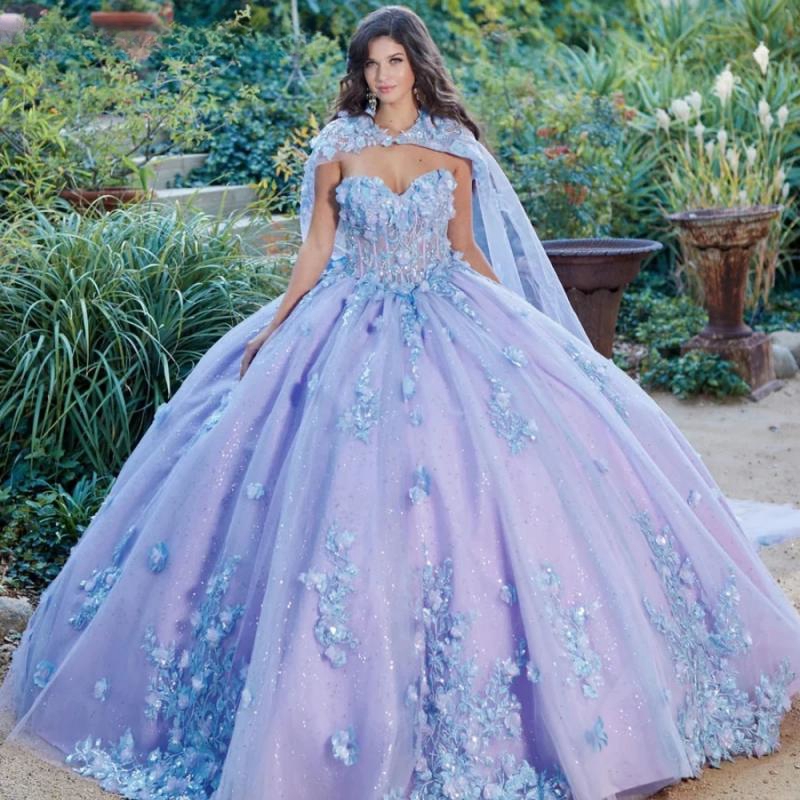 Lilac Shiny Quinceanera Dresses Ball Gown Lace Applique Beading Bow Tull With Cape Birthday Party Sweet 16 Dress Vestidos De XV 15 Anos
