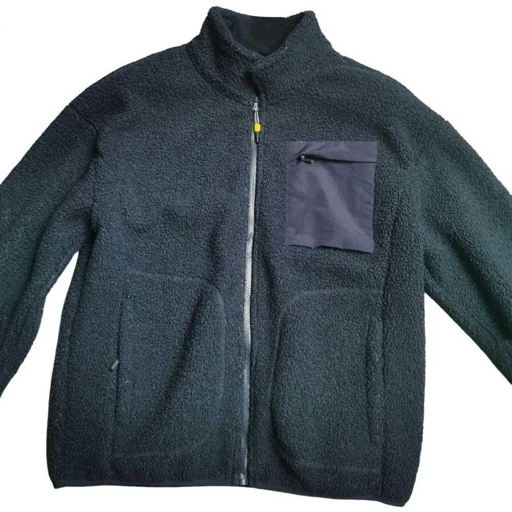 1 piece of artificial Lambswool jacket with pockets autumn and winter zipper checkered mens jacket rack collar long sleeved solid color jacket W241024