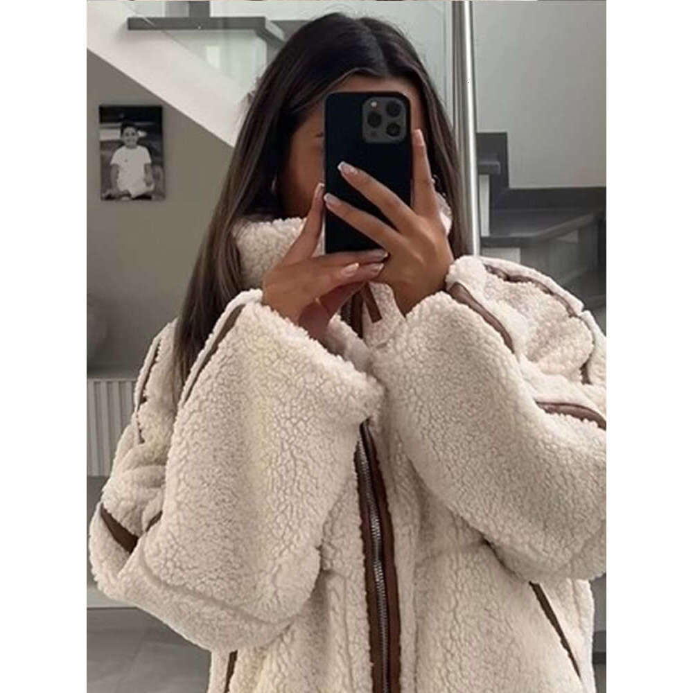 Casual Stand Collar Full Sleeve Patchwork Jacket Warm Double-End Zipper Pockets Plush Coats New Female Winter High Streetwear