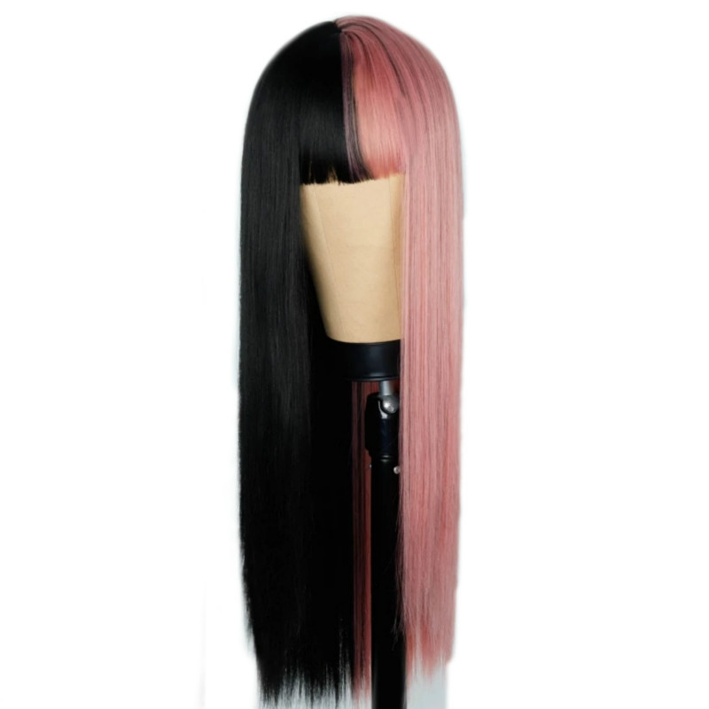 Wig for women long straight black and gray yin and yang colors fashion chemical fiber wig