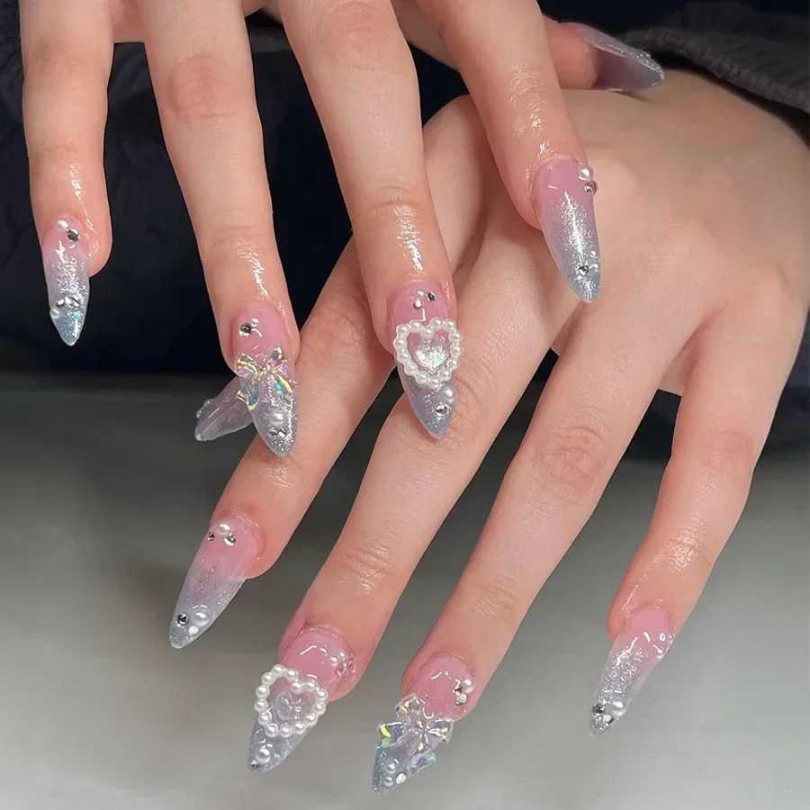 24Pcs Pink Almond French Press on Nails With Bow Pearl Design Fake Nails Ballerina False Nails Full Cover Nail Tips with glueXJ241025