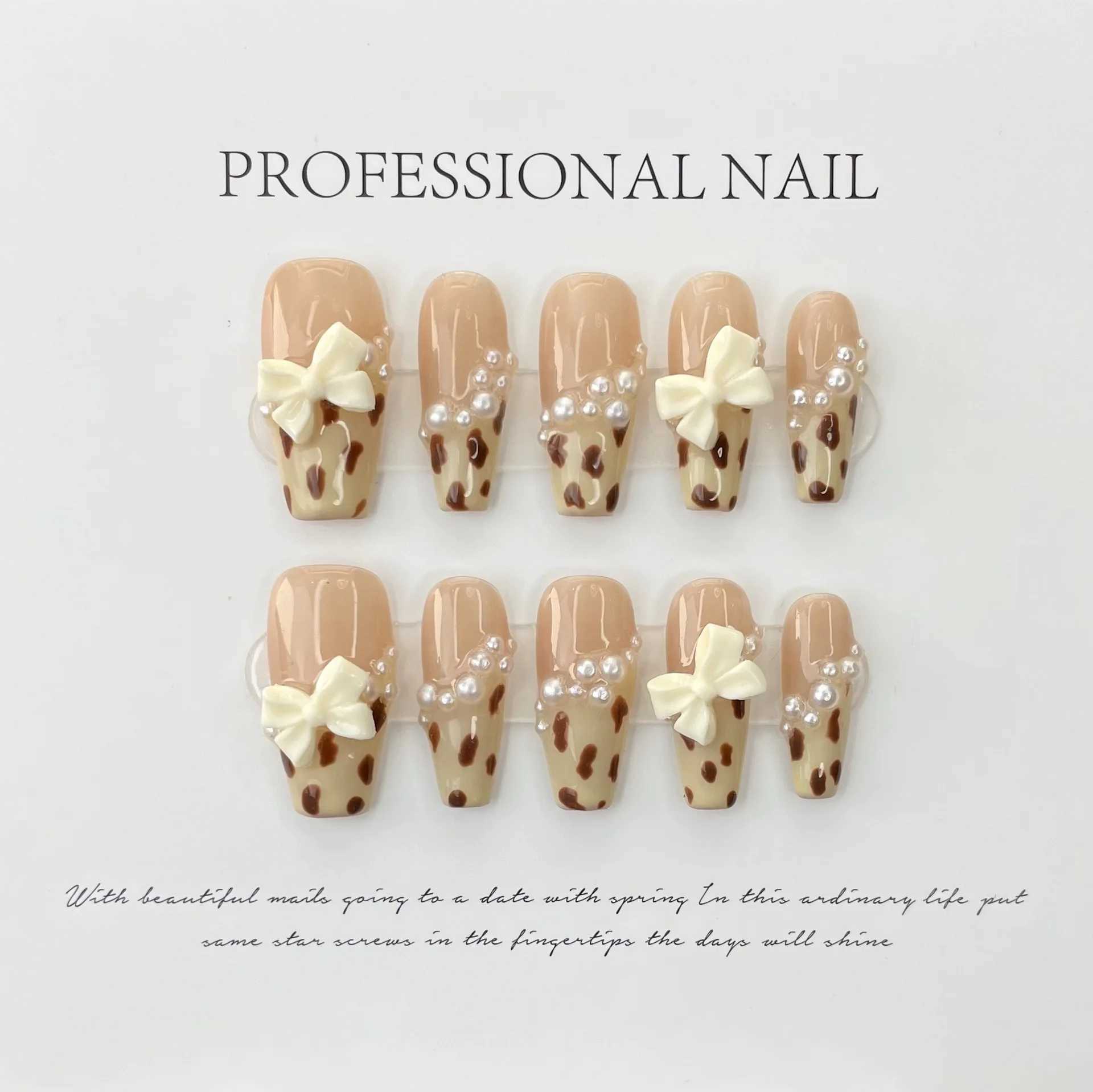 10Pcs Handmade Advanced Leopard French Press On Nail With Bowknot Ballerina Wearable Fake Nail Artificial Nail ArtXJ241025