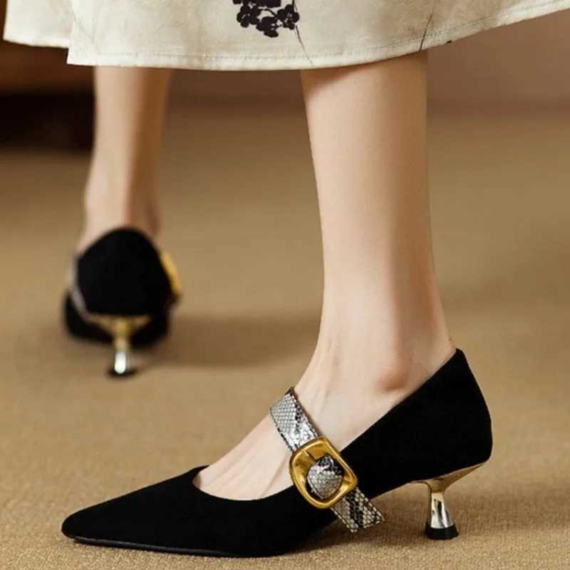 High Quality Hot selling spring/autumn womens shoes cashmere leather shoes womens Pointed toe thick high heels metal buckle womens pump T241024