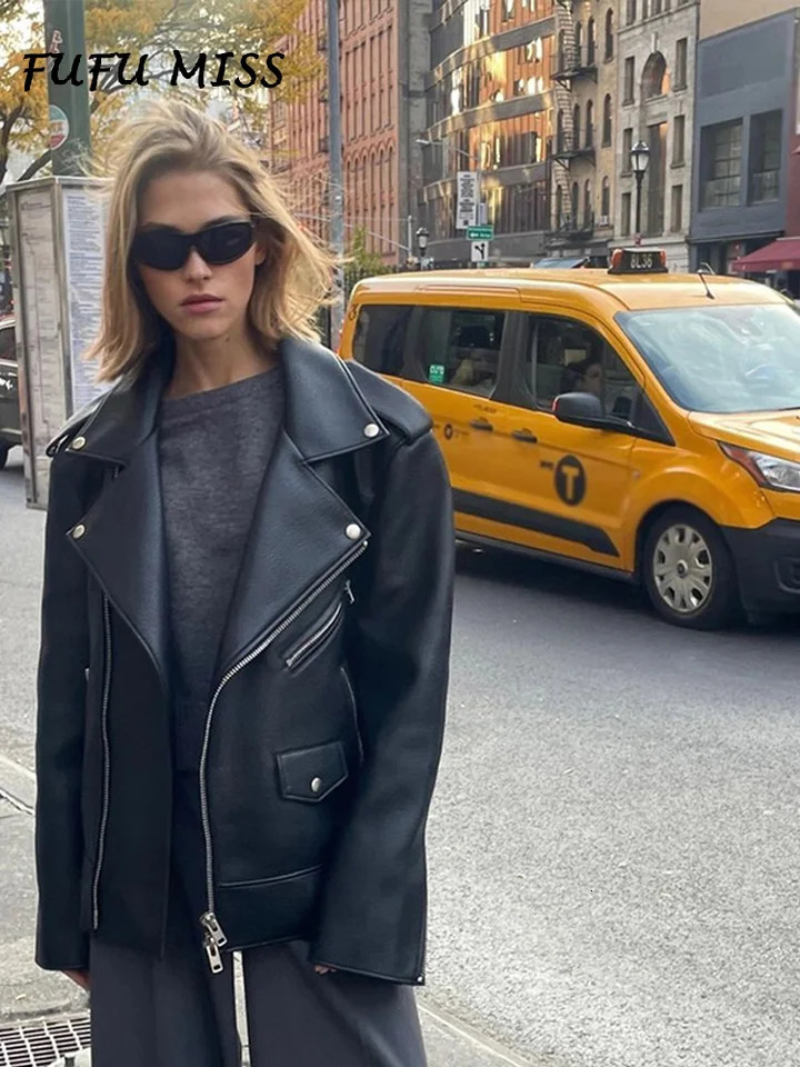 Retro collar leather jacket for women solid loose long sleeved zipper pocket jacket autumn womens motorcycle high street jacket 241025