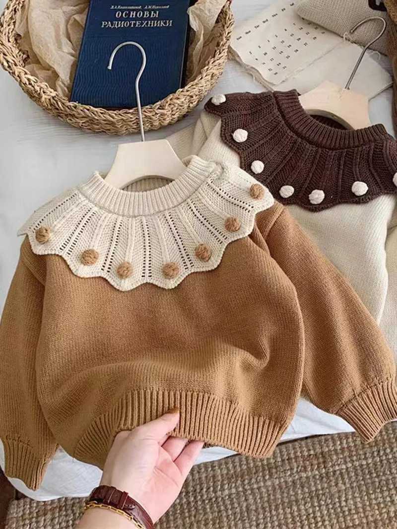 Autumn winter young girl sweater thick cotton wool long sleeved girl latte art casual ball collar knitted for preschool girls W241025