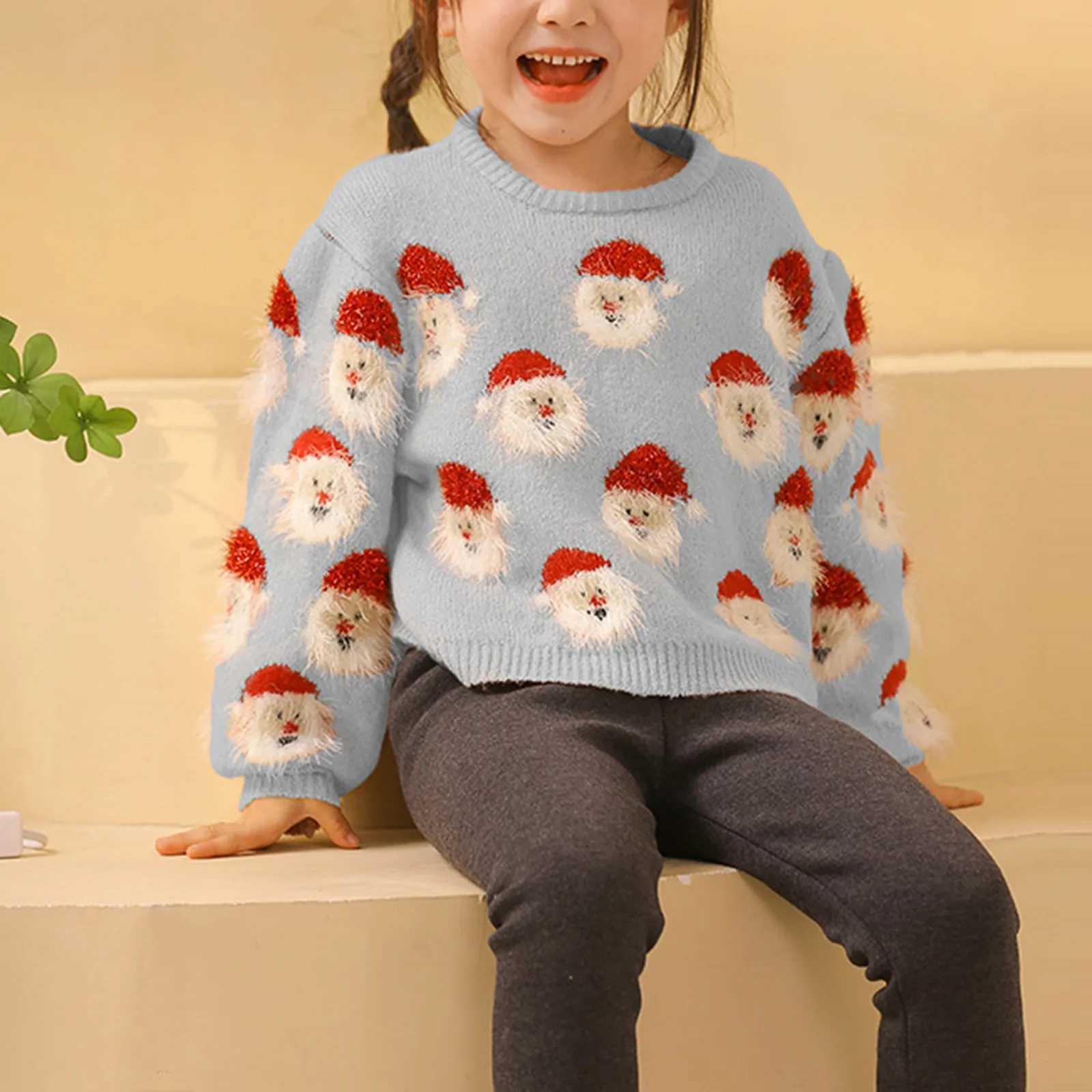 Childrens Christmas Knitted Sweater Cute Santa Claus Head Pattern Crewneck Pullover Sweater Childrens Winter Warm Wool Jumper Coat W241025