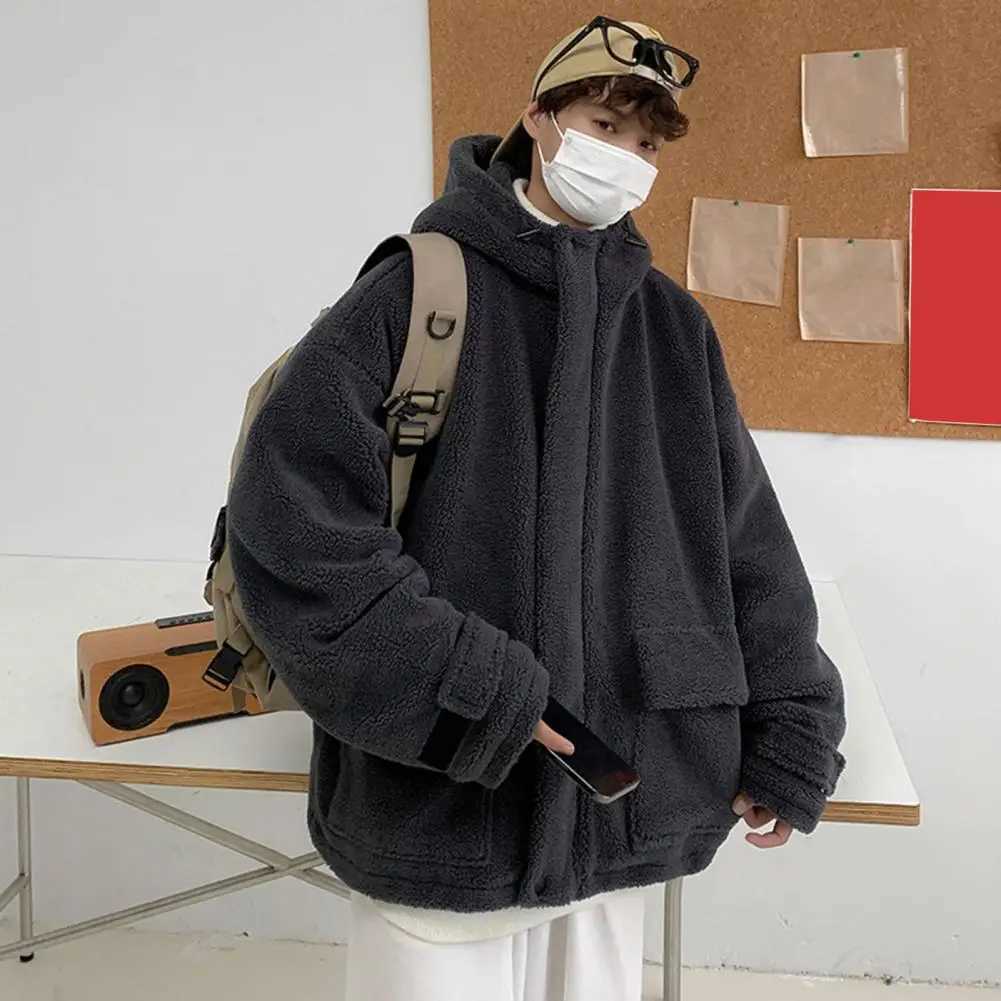 Versatile mens jacket mens hooded cotton jacket mens hooded imitation cashmere coat with pocket autumn and winter weather W241024