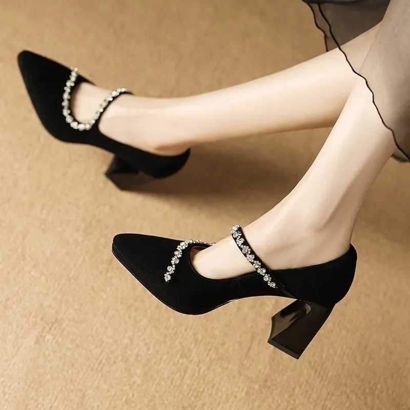 High Quality Sexy Pointed Toe Black Suede High Heels Autumn New Luxury Rhine Womens Pump Elegant Shallow Mouth Girls Date Shoes T241024