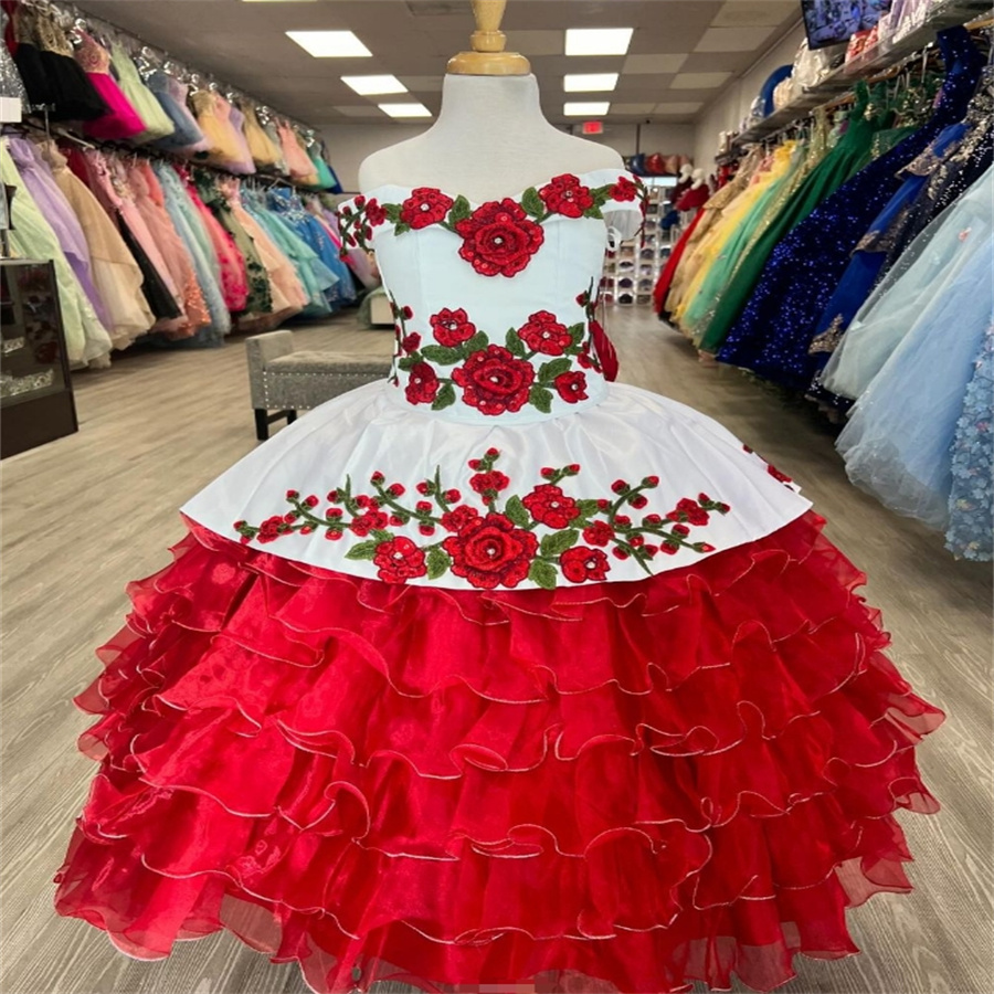 Princess Charro Flower Girls Dresses Red And White Tiered Ruffles 2025 Mexican Mariachi Toddler Escaramuza Kids Pageant Dress Cute Flowers Birthday Pa