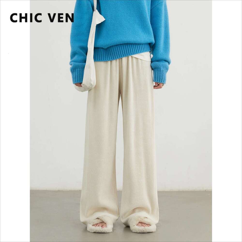 CHIC VEN Women's Pant High Waisted Loose Casual Trousers Straight Wide Leg Sport Pants Elastic Waist Autumn Winter 2024