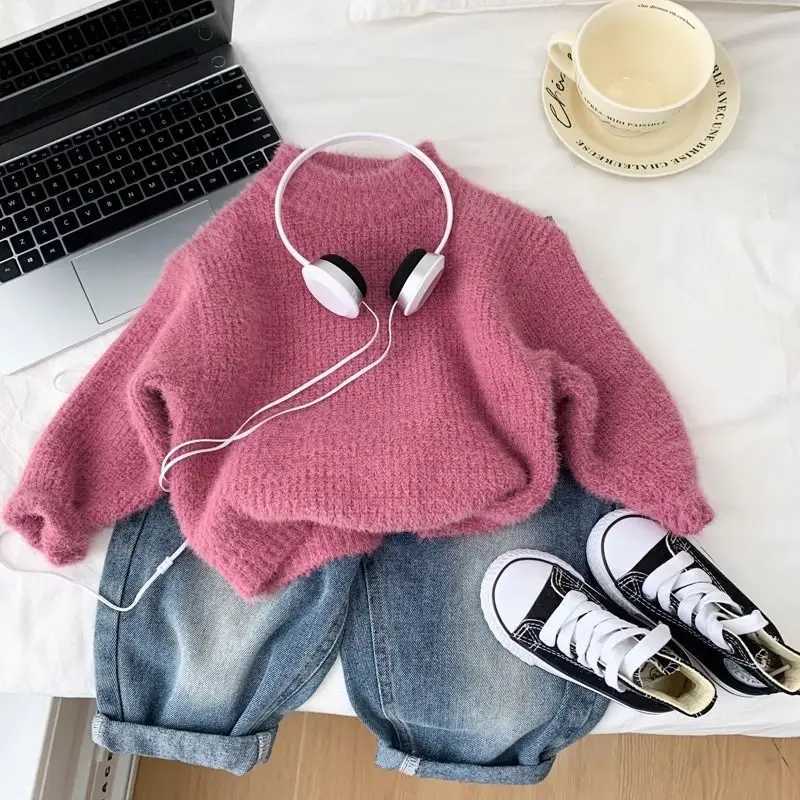 Childrens clothing sweater 2024 new Korean autumn and winter pink loose and classic knitted sweater W241025