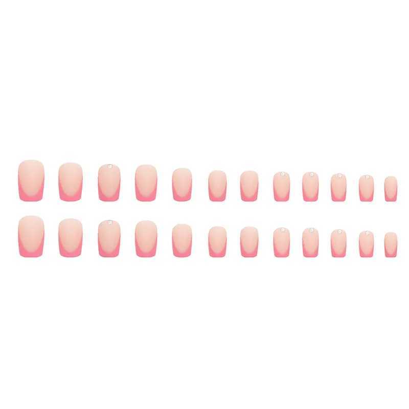24pcs Simple French Rose Pink Rhinestone Frosted Sweet False Nails Set with Glue Artificial Cheap Fake Press on Nails for GirlsXJ241025