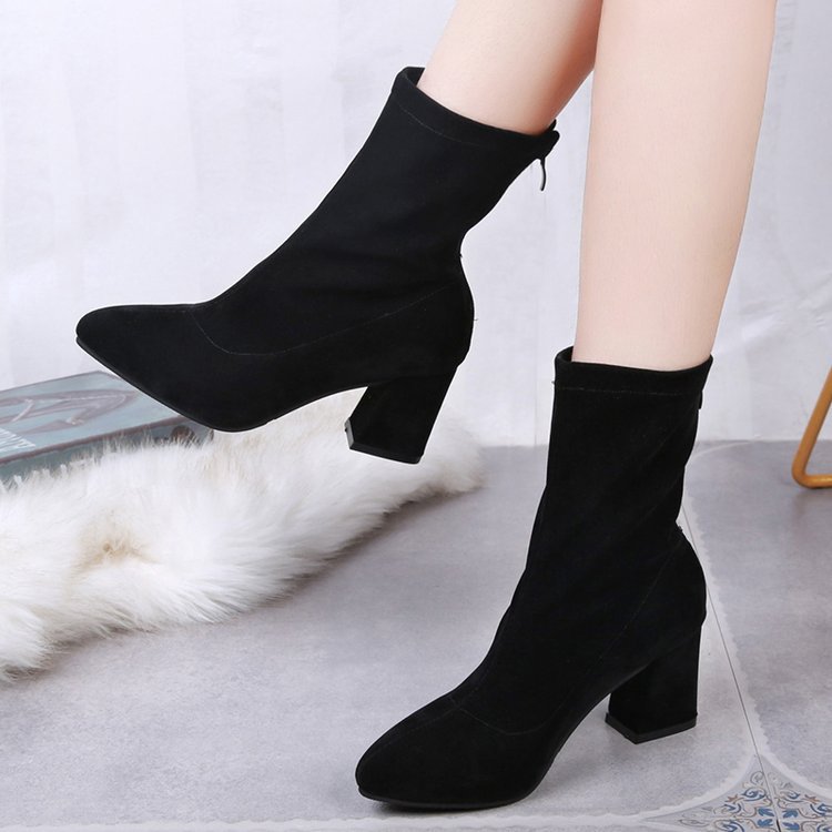 free shipping designer short boots womens 2024 winter new item black back zipper thick heel boots pointed middle heel elastic womens boots