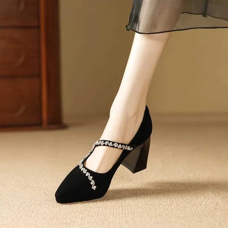 High Quality Sexy Pointed Toe Black Suede High Heels Autumn New Luxury Rhine Womens Pump Elegant Shallow Mouth Girls Date Shoes T241024