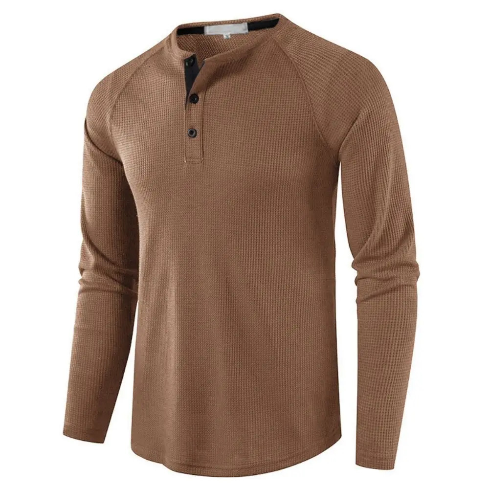 Mens Grey Waffle Mens Henley Shirt Casual Solid Breathable High Quality Shirts Regular Fit Long Sleeve Basic Tops Tees Homme 241024