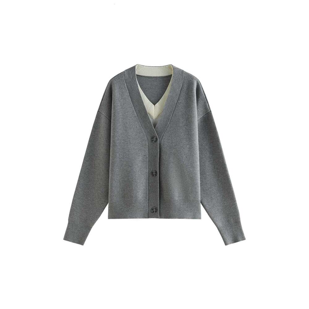 FSLE Fake Pieces Knitted Cardigan V Neck Two Color Warm For Women Commuter Cozy Sweater 2024 New Pullover 24Fs14175