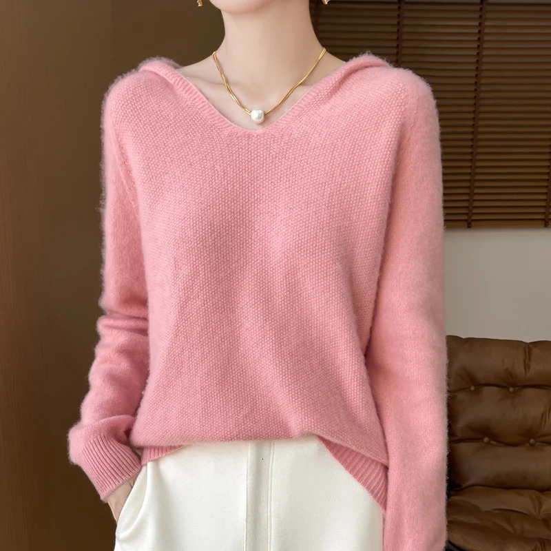 Osmanso needle Autumn and winter 100% Merino wool hoodie cashmere sweater womens Vneck warm bottom knit shirt top 241021