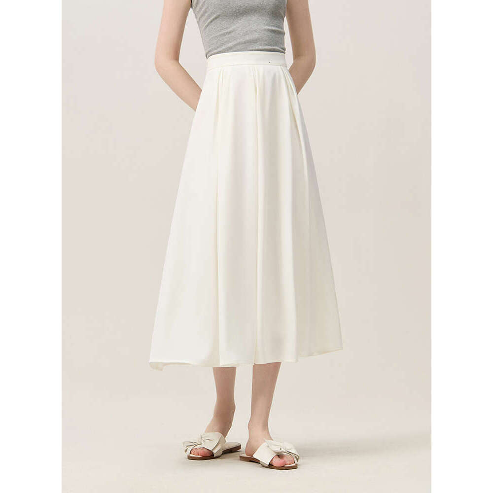 FSLE French White A-E For Women's Summer 2024 New Temperament Umbrella High Waisted Satin Long Skirt 24Fs12238