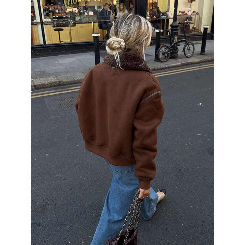 Chic Brown Adjustable Long Sleeve Wool Coat Warm Lapel Zipper Patchwork Faux Fur Short Jacket New Winter Female High Streetwear