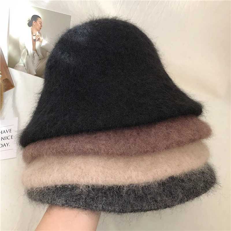 Good Angola Long Rabbit Fur Fisherman Bucket Hat Winter Fashion Soft Warm Wool Basin Cap Foldable Women GiftX241025